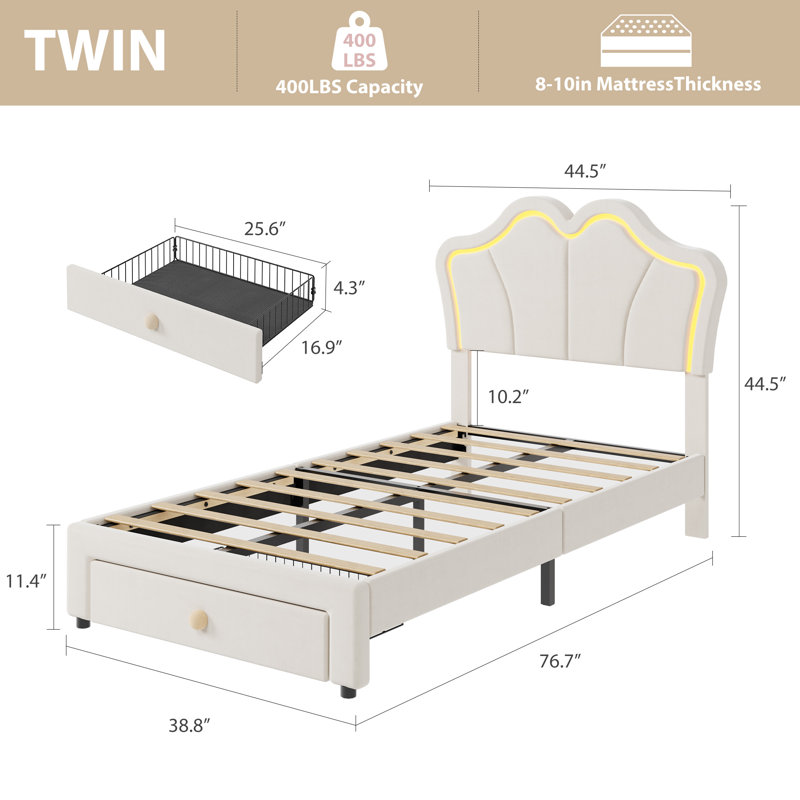 Twin Bed Frame with Storage, Upholstered LED Bed Frame with Headboard, Cute Velvet Platform Bed Frame for Kids, Girls, Solids Wood Slats Support, No Box Spring Needed, Easy Assembly, White