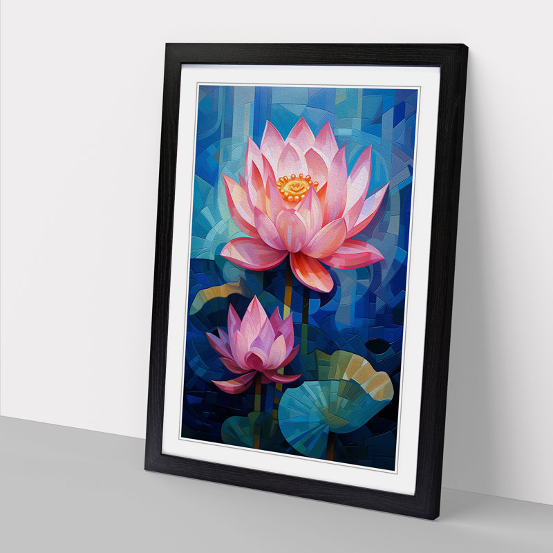 Lotus Flower Cubism - Single Picture Frame Print on Wood, Black Framed, 46cm H x 34cm W x 2cm D