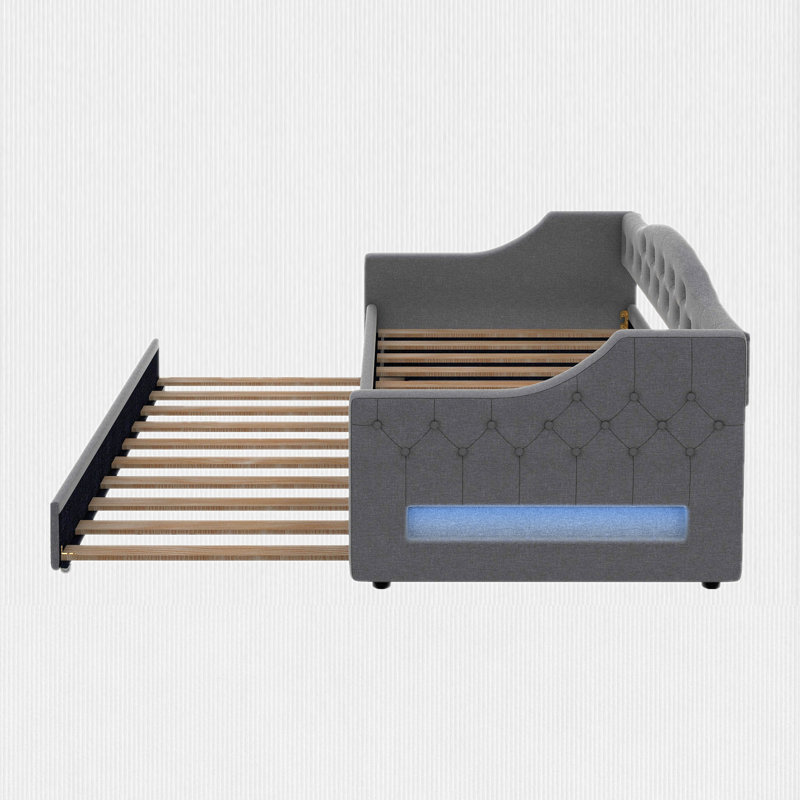 Twin XL Size Daybed With LED And Trundle, Gray