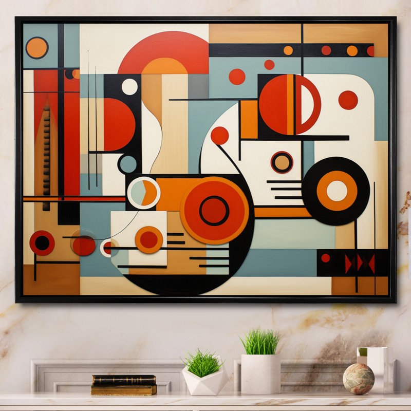«Colorful Mid Century Graphic Geometrics», impression sur toile encadrée, Cadre flottant noir, H 24 po x l 32 po x P 1 po