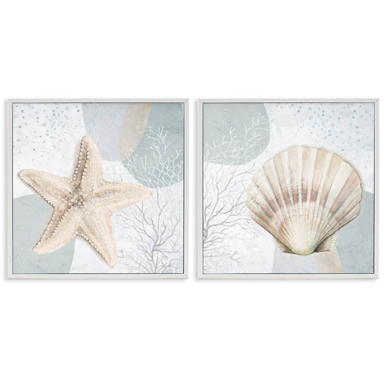 Scallop Starfish Sealife, ensemble de 2 giclées par Patricia Pinto, Estampe numérique encadrée blanc bord de mer