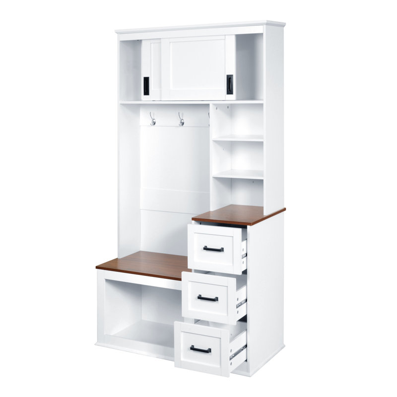 U-Can Modern Entryway Bench with Coat Rack, 3 Shelves and Drawers, 3 Sturdy Hooks, 40.2'' Wide Hall Tree with Storage Bench for Hallway, Entryway, Living Room