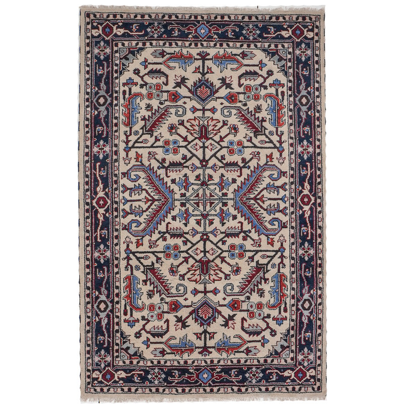 Blanc | Tapis oriental bleu en soie et laine faits à la main Rectangle noué à la main, Rectangle 4pi x 6 pi