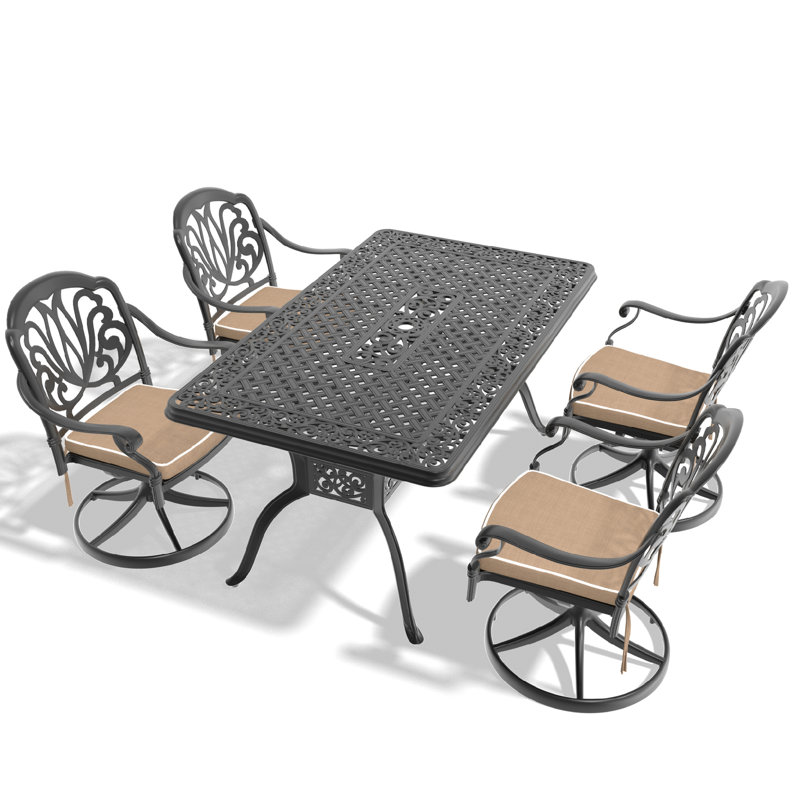 5 salles à manger en fonte d'aluminium toutes saisons - 4 chaises pivotantes et table rectangulaire en noir, motifs de sculpture exquis, résistance aux intempéries, coussins de siège et confortables, capacité de 350 lb, 160 lb de simplicité