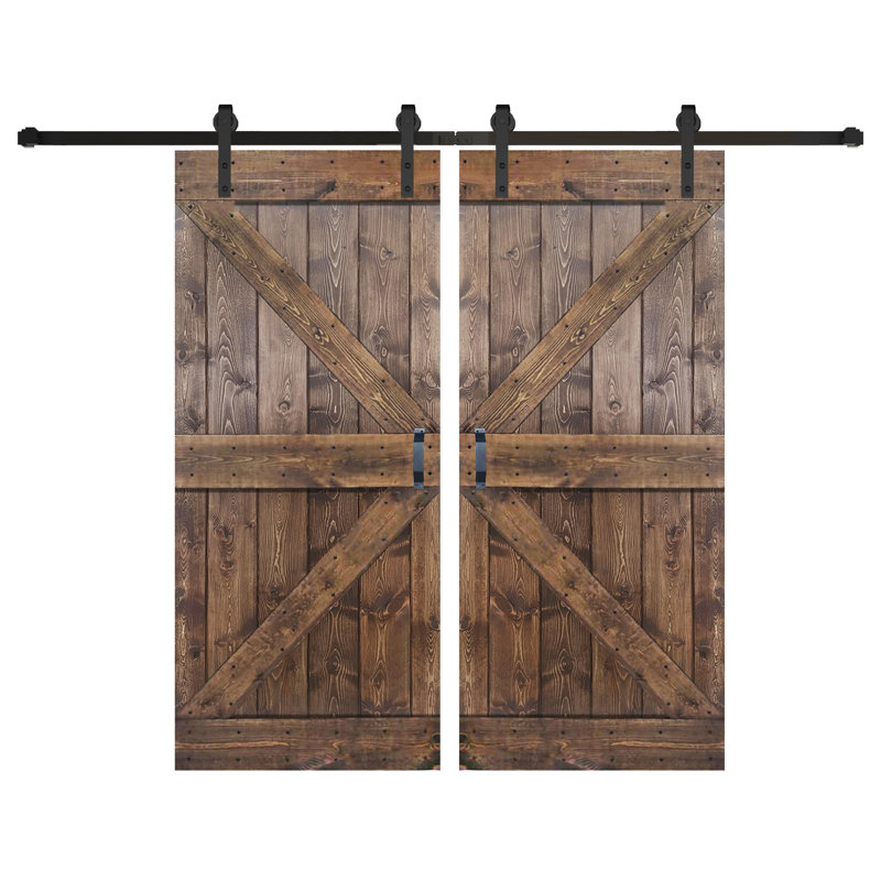 Porte de grange coulissante double en bois massif de style K avec ensemble de quincaillerie - Assemblage requis, Noyer foncé