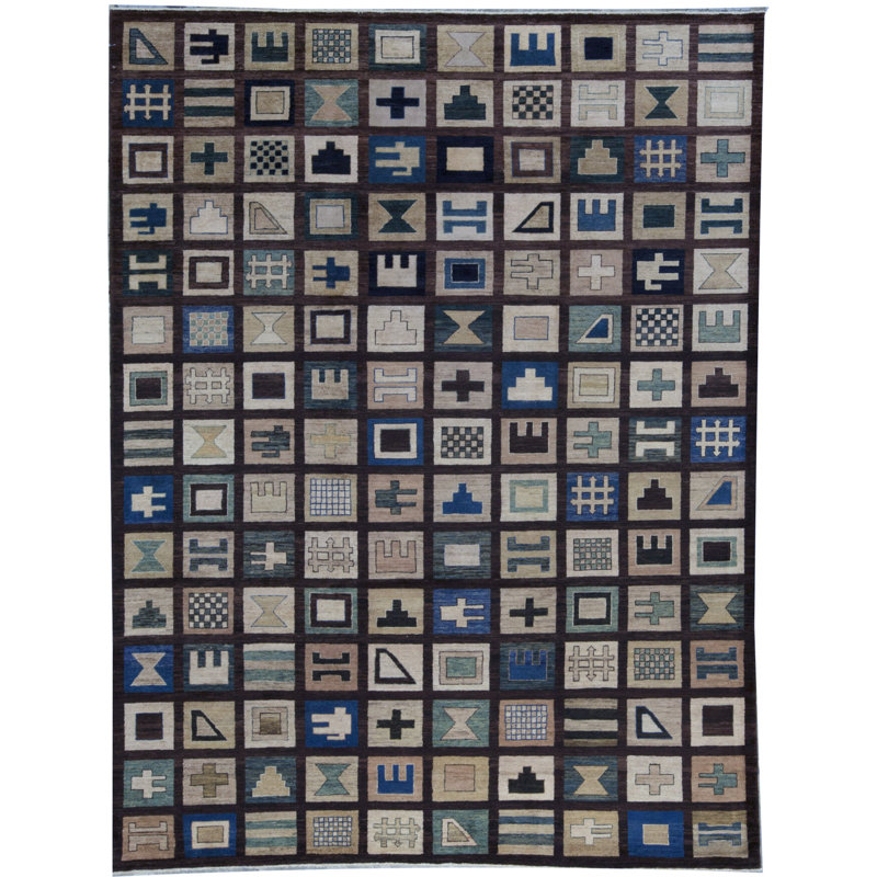 Tapis ivoire et bleu noué à la main de haute qualité