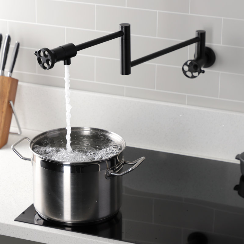 Kingston Brass Wendell Two-Handle 1-Hole Wall Mount Pot Filler Faucet with Knurled Handle, Matte Black