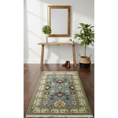 Tapis oriental gris / beige en laine noué à la main 2 pi 11 po x 5 pi