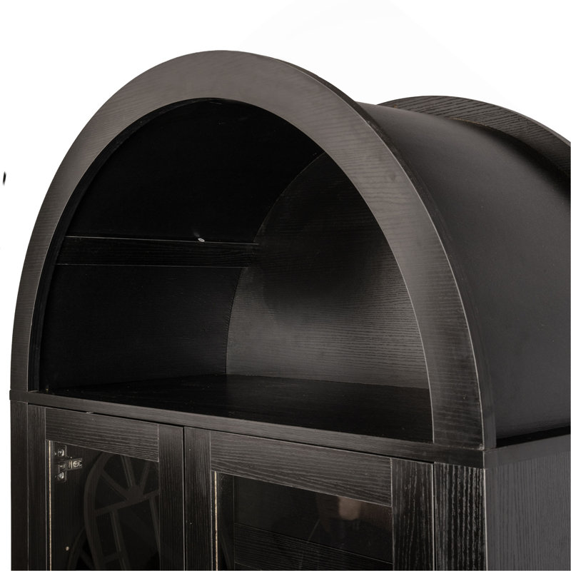 71" Fluted Tall Arched Pantry Cabinet With Adjustable Shelves, Elegant Display Storage With Hidden Drawer & Glass Door For Kitchen, Living Room, Dining Room, Black
