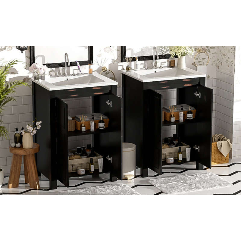 Ensemble de meuble-lavabo 48 po avec lavabos doubles (séparés), lavabos doubles en céramique, tablette de rangement et portes à fermeture en douceur 48 po