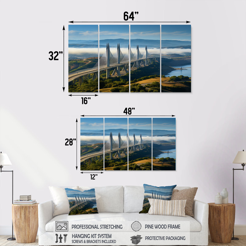 «Blue Viaduct Bridge Sunrise In Italy I - Bridges», art mural 4 pièces, H 28 po x l 48 po