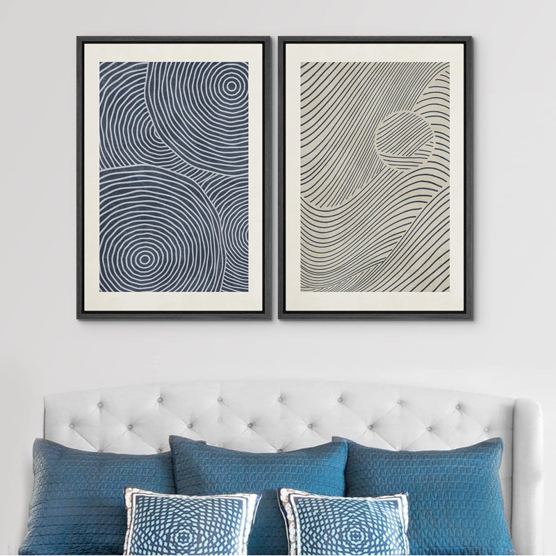 «Rose et bleu marine minimalistes», 2 pièces sur toile, H 16 po x l 24 po, Cadre noir