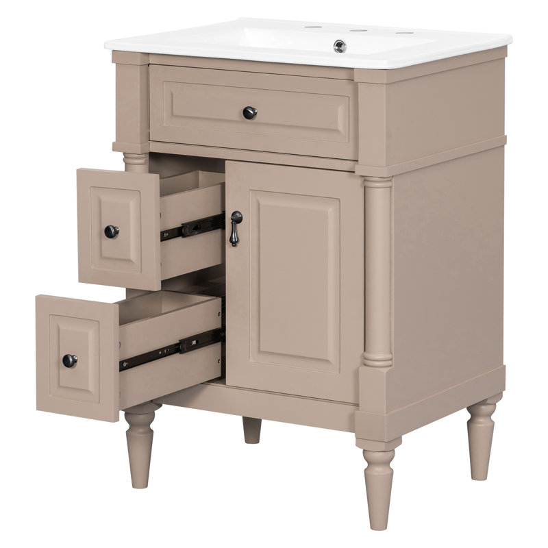 24'' Bathroom Vanity With Ceramic Sink Top, Brown