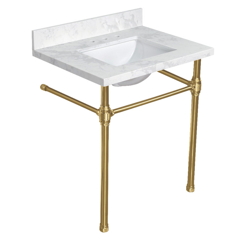 Kingston Brass Mayorca 31-Inch Quartz Console Sink with Brass Legs (8-Inch, 3-Hole), Quartz White/Brushed Brass