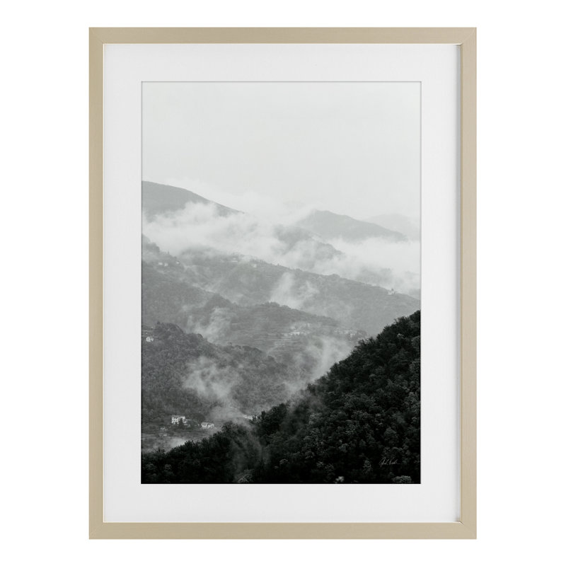 Morning Mist Hillside, reproduction encadrée sous verre, conception de Deborah Revell, Cadre de récolte en pin