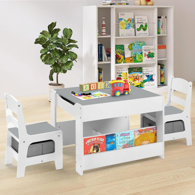 Kids Wood Table & 2 Chairs Set, 4 in 1 Children Activity Table w/Double Bookcase, Blackboard, Toddler Furniture Set