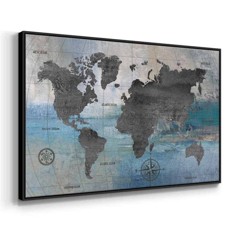 «World Map Blue» et toile tendue avec cadre gris, Blanc, H 17 po x l 25 po x P 2 po