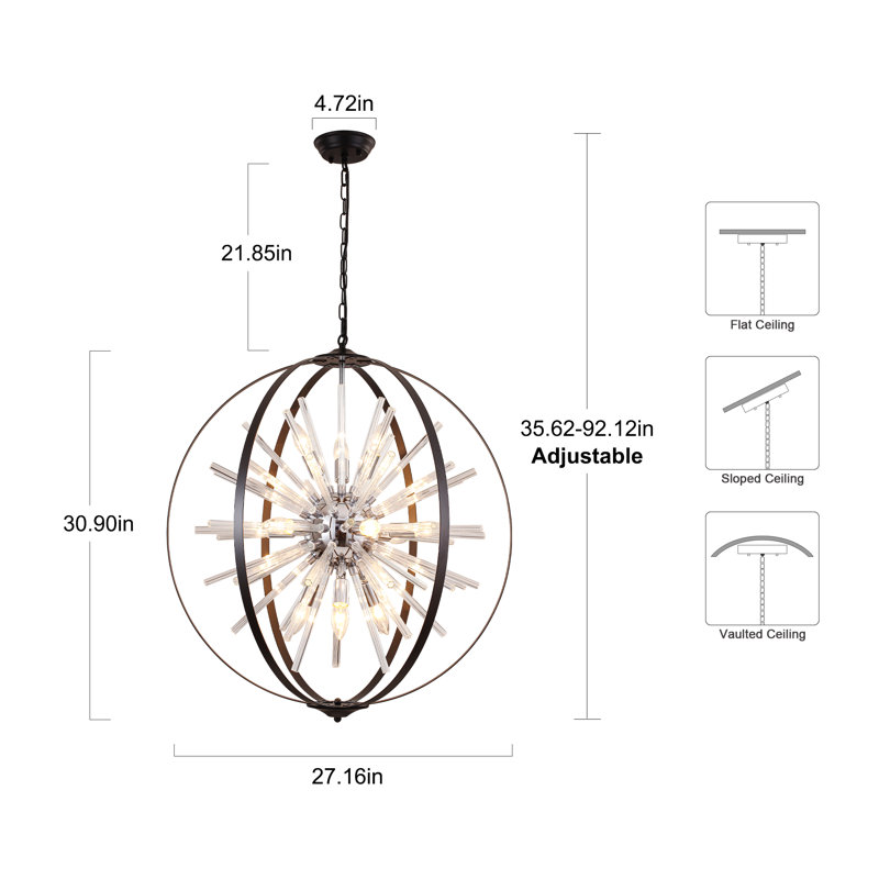 Lustre sphérique Spoutnik 12 lumières D27 "avec douilles E12 et chaîne de suspension réglable, Chrome chrome