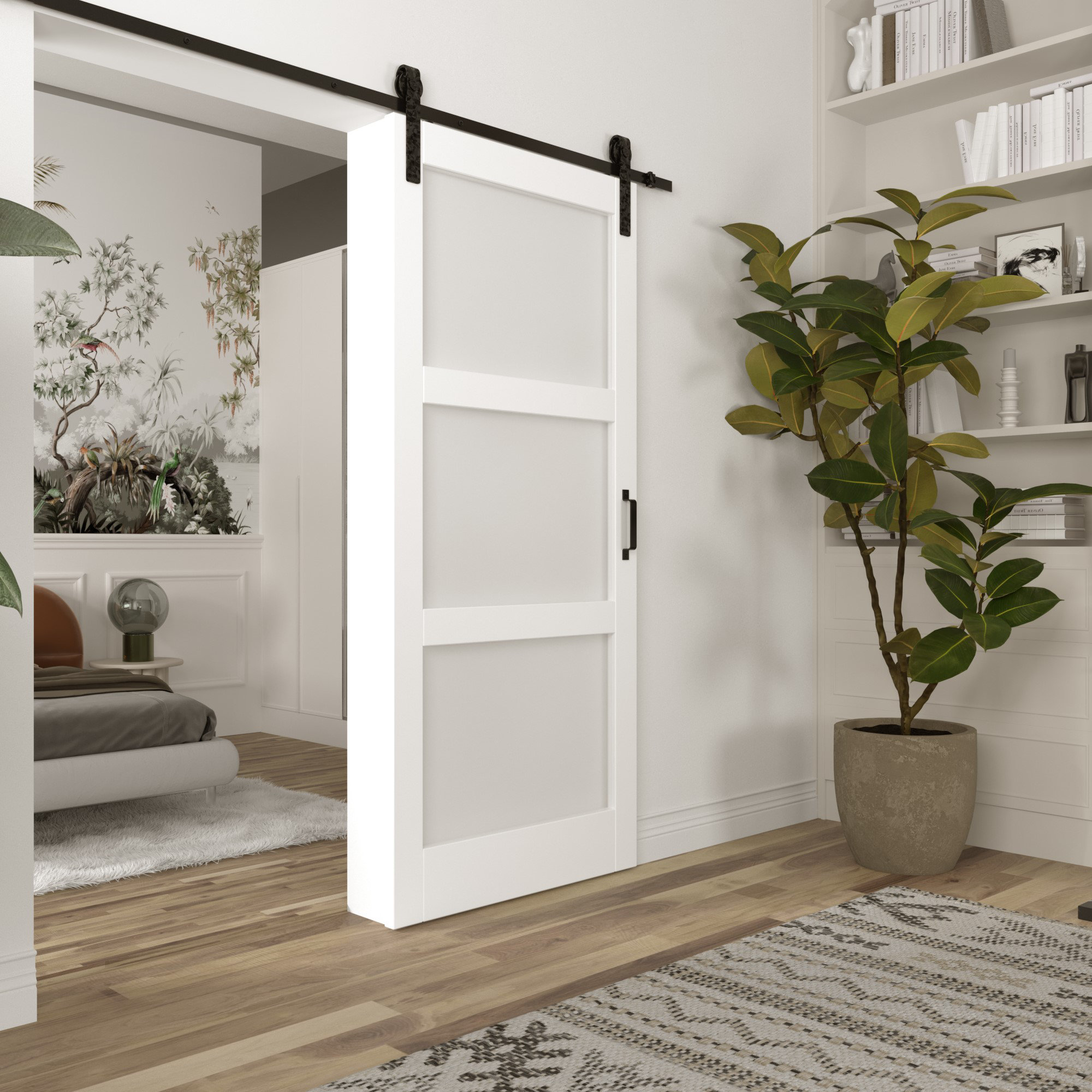 Win Stellar Panelled Wood and Frosted Glass Barn Door with Installation
