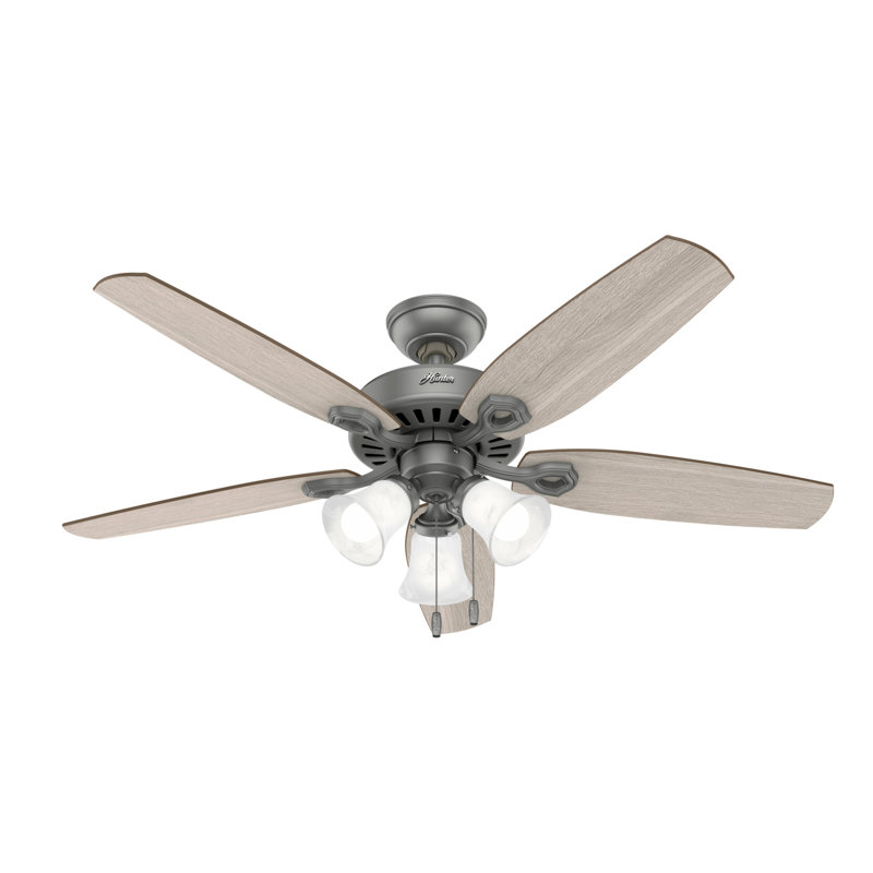 Builder Plus 52"  5 - Blade Standard Ceiling Fan with Pull Chain and Light Kit Included, Matte Silver