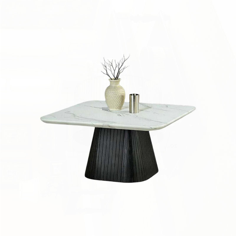 Table basse carrée avec plateau en faux marbre biseauté et base tambour Reeded - Noir