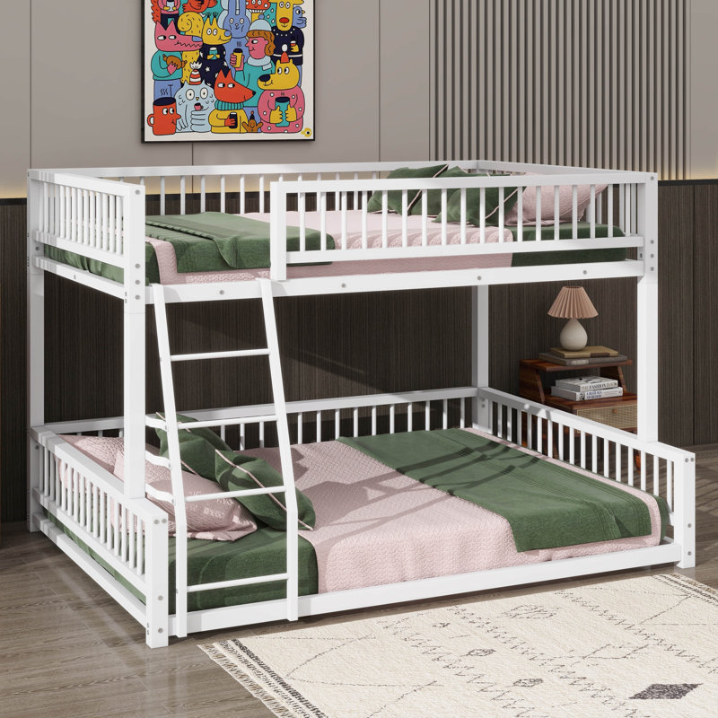 Full XL-Sized Over Queen Floor Bunk Bed Structure With Step Ladder And Secure Guardrails, White, Full XL Over Queen