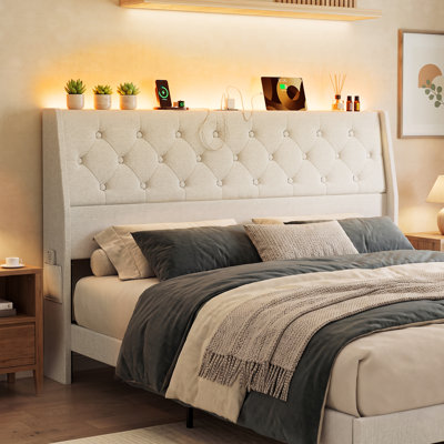 Tête de lit ergonomique capitonnée King Size avec rangement, tête de lit moderne en lin capitonnée avec oreilles, éclairage DEL et poste de charge, adaptateur pour cadre de lit, hauteur réglable, montage facile, blanche