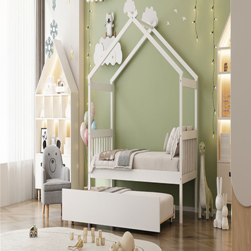 Lit simple en bois avec lit gigogne simple, blanc, Simple, Blanc