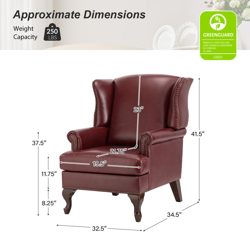 Anapatricia 32.5'' W Genuine Leather Wingback Armchairs, Burgundy Top Grain Leather