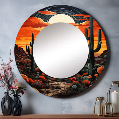 Salbu orange cactus Salbu, coucher de soleil Saguaro - grand cactus, miroir mural décoratif rond traditionnel, impression d'art en métal