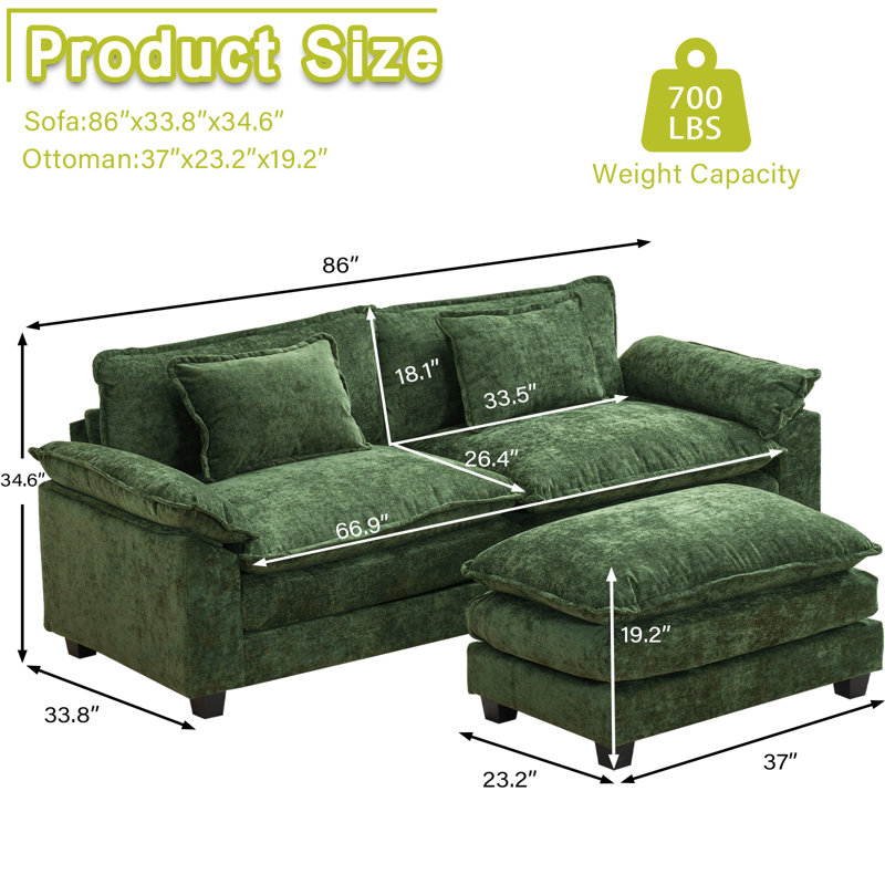 Arale 86'' Wide Comfy Cloud Couch Sectional Loveseat Sofa With Ottoman, Green Chenille