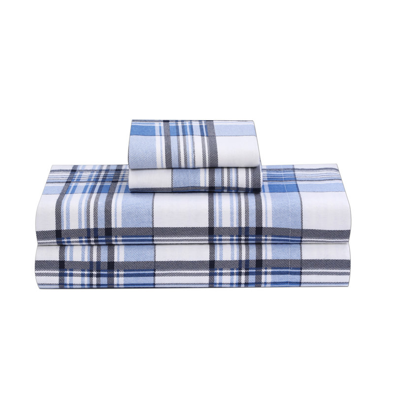 Ensemble de draps 100% flanelle 4 pièces, Ensemble de draps pour très grand lit avec 4 piè, Balance carreaux bleu / carreaux