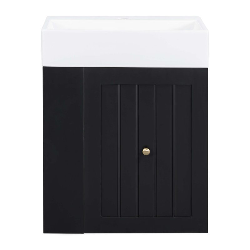 Meuble-lavabo de 20 pouces avec lavabo en céramique, armoire de rangement en panneau de fibres à densité moyenne avec tiroir, tablette latérale et poignée dorée - meuble-lavabo moderne pour les petites salles de bain