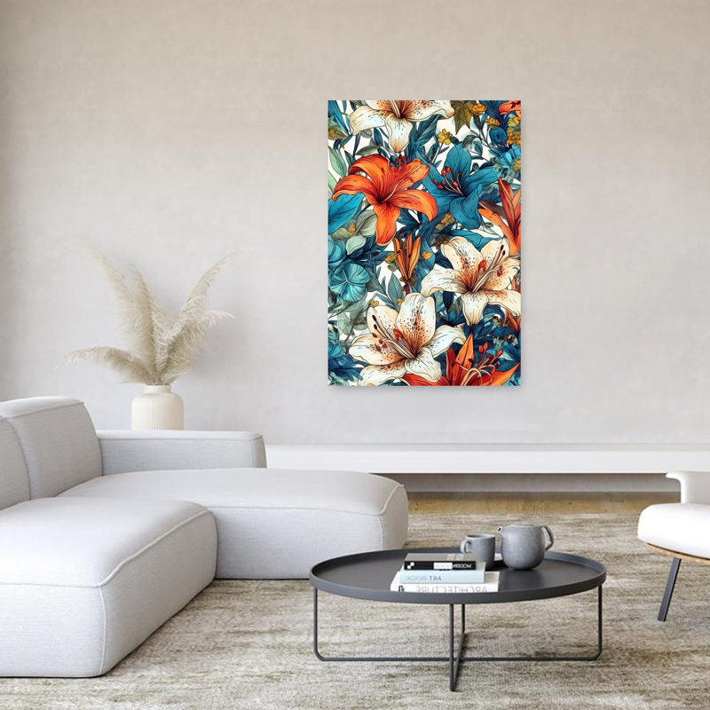 «Vibrant Tropical Lilies Abstract Flower Forest», reproduction d'art murale, 60" H x 40" W