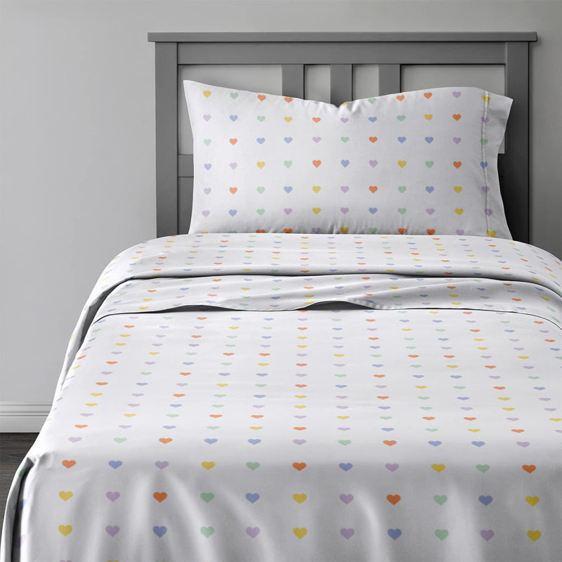 Kids Sheet Set, Soft Microfiber Bedding, Cozy & Breathable, Wrinkle Free Easy Care Bed Sheets, Hearts Multi Color 