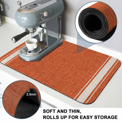 Tapis égouttoir à vaisselle à rayures orange brûlé, tapis absorbant en terre de diatomées, tapis à café rétro en lin, égouttoir à vaisselle, étagère de comptoir, évier, ustensiles, 114 x 190 cm