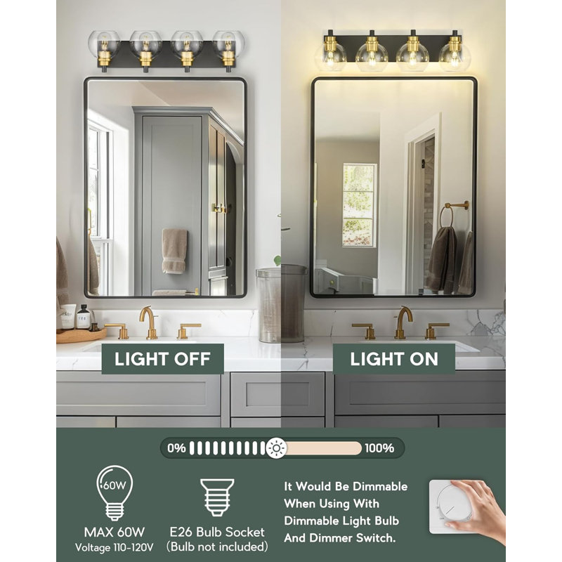 Modern Bathroom Vanity Light Fixture, Wall Sconce With Clear Glass Shades, Adjustable Mounting For Mirror Lighting, Dimmable Hardwired Vanity Light