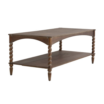 Table basse 47 x 22 x 18,5 po en bois brun rustique avec pieds en spirale tournés et tablette inférieure