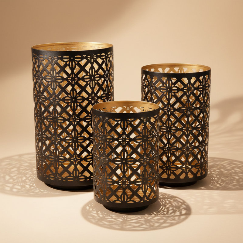 Black Metal Cutout Candle Holder Lantern, Decorative Metal Candle Lanterns for Tabletop Decor