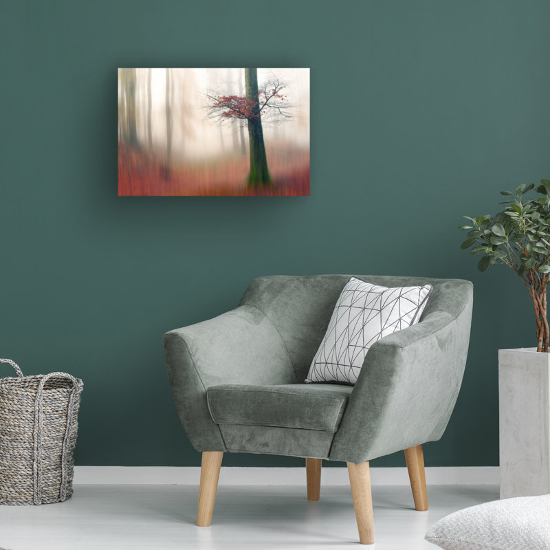 Art sur toile, feuilles rouges et chemin caché, H 12 po x l 19 po