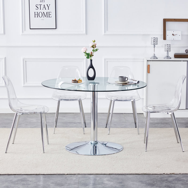 40' Round Glass Top Dining Table Set, 5, Argent argent