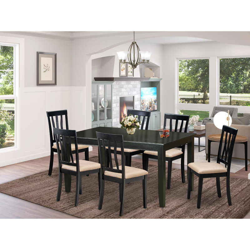 7 Piece Kitchen Table Set Consist of a Rectangle Dining Table and 6 Linen Fabric Upholstered Dining Chairs, 36x60 Inch, Black