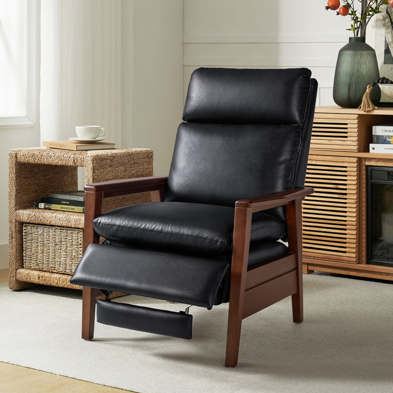 Honorato Mid-Century Modern Vegan Leather Recliner with Solid Wood Frame, Black Faux Leather