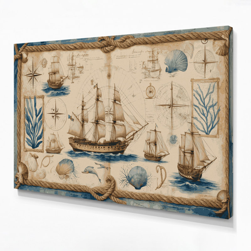 «Coastal Ships Log Design», art mural sur toile beige, 12" H x 18" W