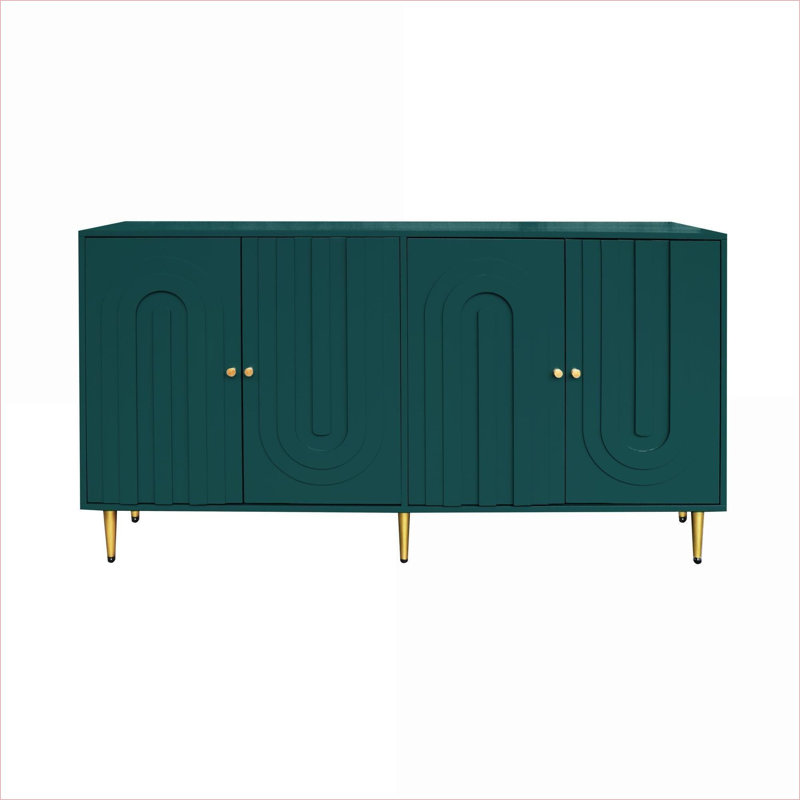 Armoires | Buffet avec buffet de rangement moderne laqué vert sauge à 4 portes, détails dorés, tablettes réglables | Panneau de fibres à densité moyenne | Minimaliste