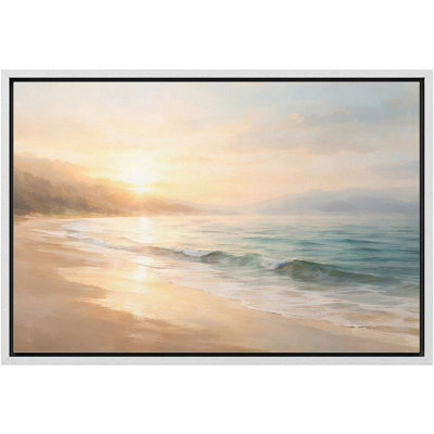 Golden Sunrise Beach Coastline with Gentle Waves Wall Art Decor Framed On Canvas Print