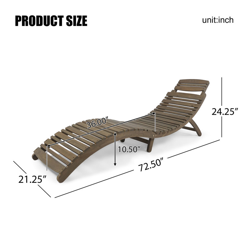 Chaise longue d'extérieur pliable en bois d'acacia 72,50 ", Gris