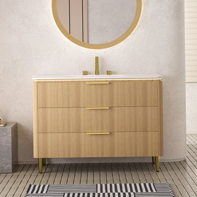 AMARA 48'' Bathroom Vanity&Sink, Freestanding Curved Edges Slim Grille Plywood Storage Cabinet, 3 Drawers, Carrara White Sintered Stone Integrated Basin, Pre-Assembled, Light Oak Woodgrain Color