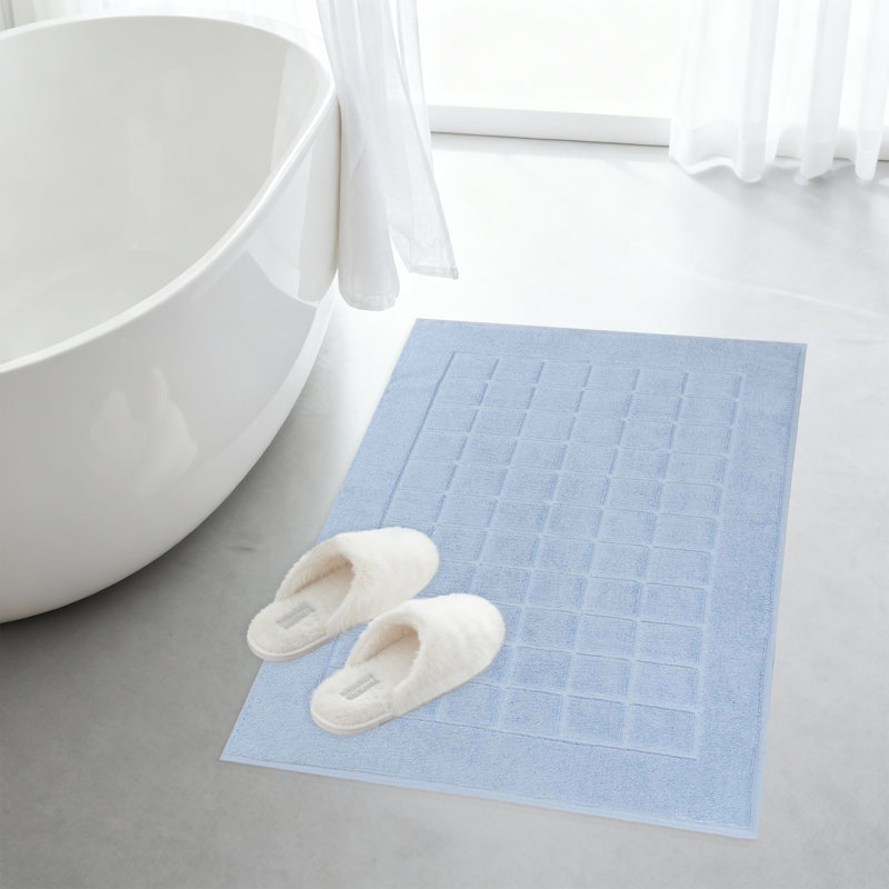 100% Cotton Thick & Absorbent Reversible Checkered Bath Mats - Set Of 2, Light Blue