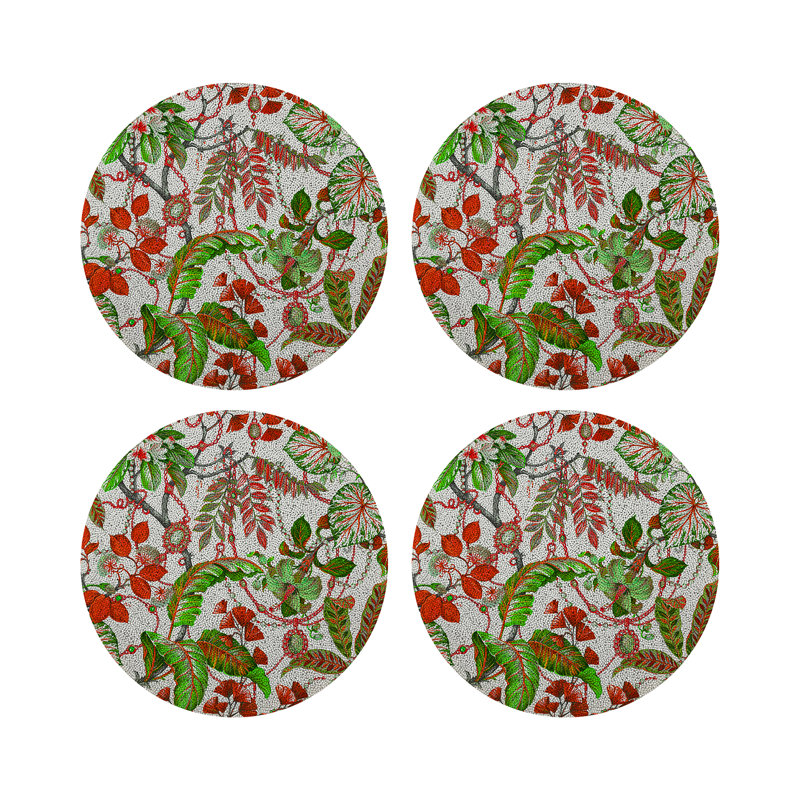 Plumeria Round Beaded Smooth Placemat, Red Green